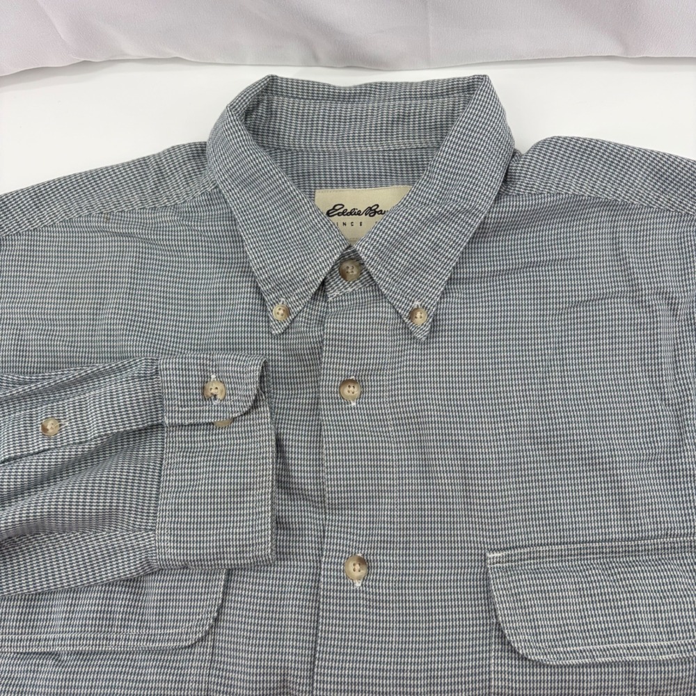Eddie Bauer Mens Large L Green White Houndstooth Button Down Shirt Long Sleeve
